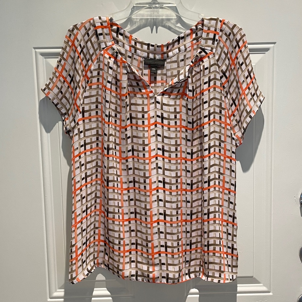 Worthington Plaid Peach Tan White Casual Flowy Short Sleeve Top Size Petite XL